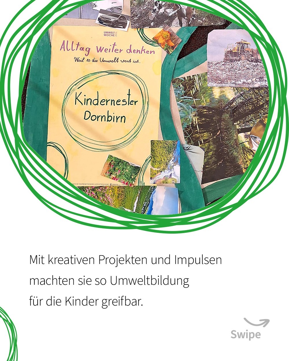 Folie 3: Collage, die Umweltbildung für Kinder zeigt. Mittendrin ein gelbes Blatt mit "Kindernester Dornbirn" in einem grünen KibeV-Kringel. (c) KibeV