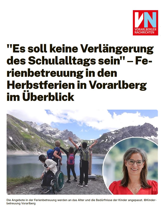 Überschrift und Bild des VN Artikels "Es soll keine Verlängerung des Schulalltags sein" - Ferienbetreuung in den Herbstferien in Vorarlberg im Überblick. (c) KibeV